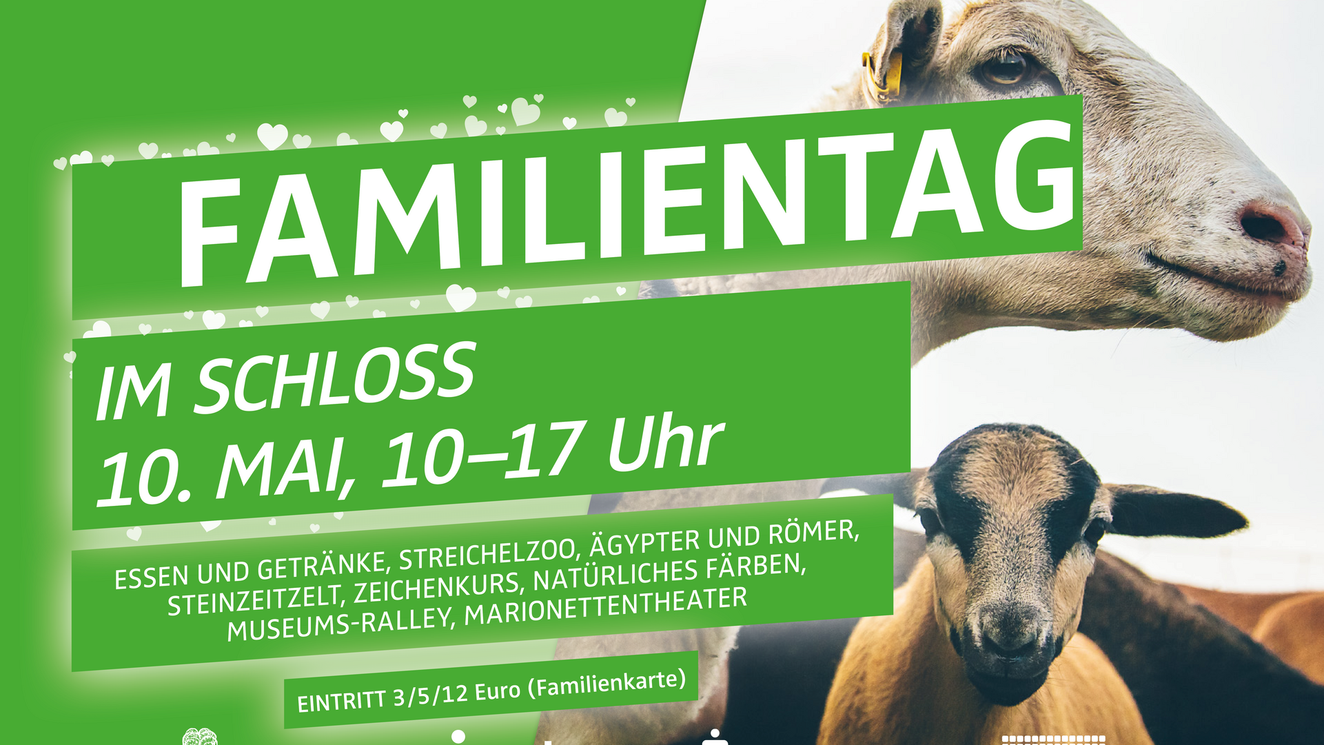Ausstellungsplakat für Kulturnacht (oben) und Familientag (unten) 2026 im MUT | Museum Alte Kulturen, oben mit dem abendlichen, bunt angeleuchteten Unteren Schlosstor und unten mit dem Foto einiger Schafe des Streichelzoos