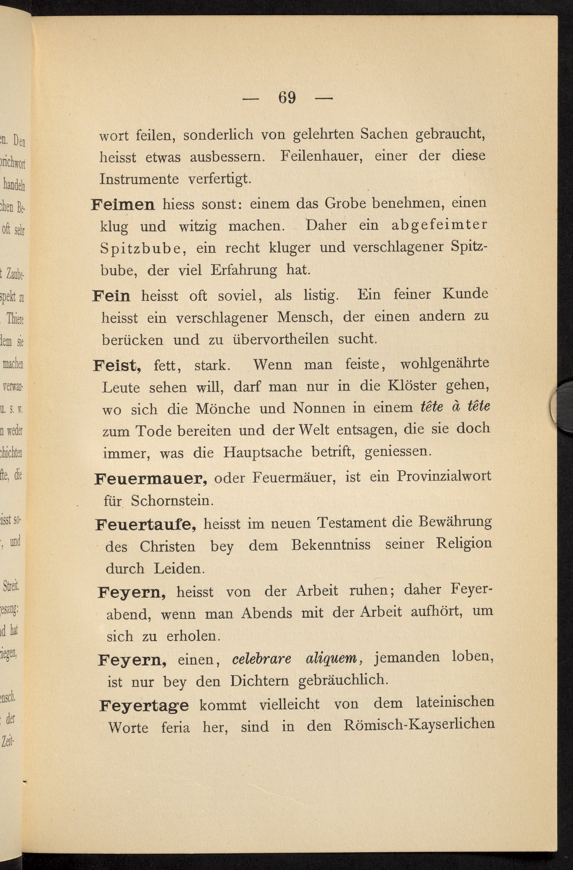 Gedruckter Text auf altersgelbem Papier, oben die Seitenzahl "- 69 -", darunter die Einträge "Feimen", "Fein", "Feist", "Feuermauer", "Feuertaufe", "Feyern", "Feyern"(sic) und "Feyertage".