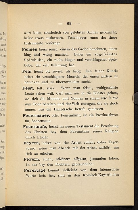 Gedruckter Text auf altersgelbem Papier, oben die Seitenzahl "- 69 -", darunter die Einträge "Feimen", "Fein", "Feist", "Feuermauer", "Feuertaufe", "Feyern", "Feyern"(sic) und "Feyertage".