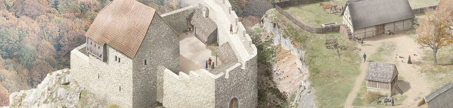 Artistic reconstruction of compact Stahleck Castle with economic buildings and horse pasture to the right