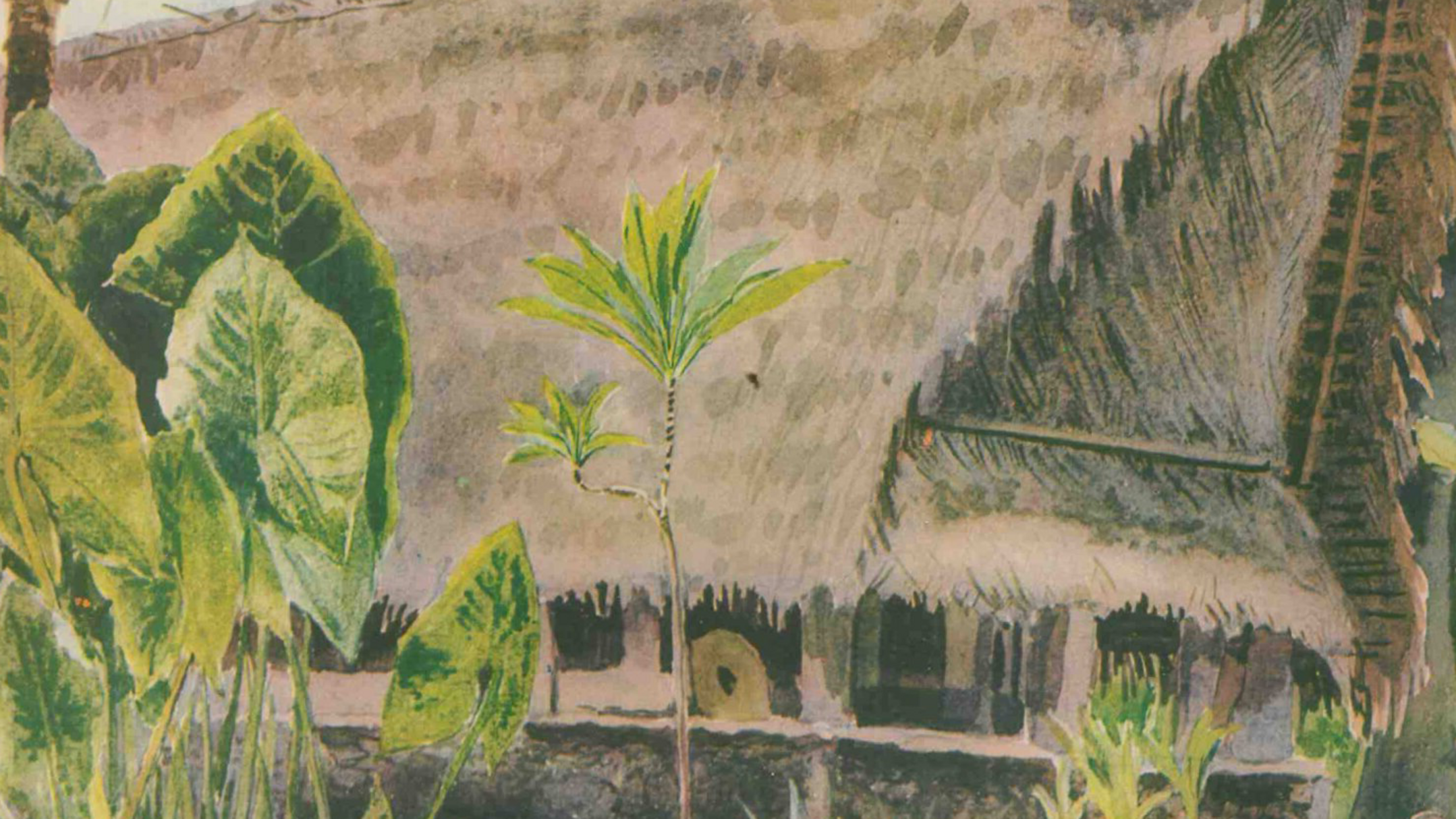 Aquarell von Elisabeth Krämer-Bannow, Ausschnitt eines Familienhauses mit umliegender tropischer Bepflanzung