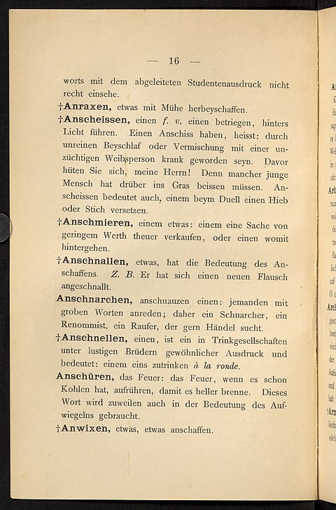 Gedruckter Lexikontext auf altersgelbem Papier, oben Seitenzahl "- 16 -", darunter die Einträge "Anraxen", "anscheissen", "Anschmieren", "Anschnallen", "Anschnarchen", "Anschnellen", "Anschüren" und "Anwixen"