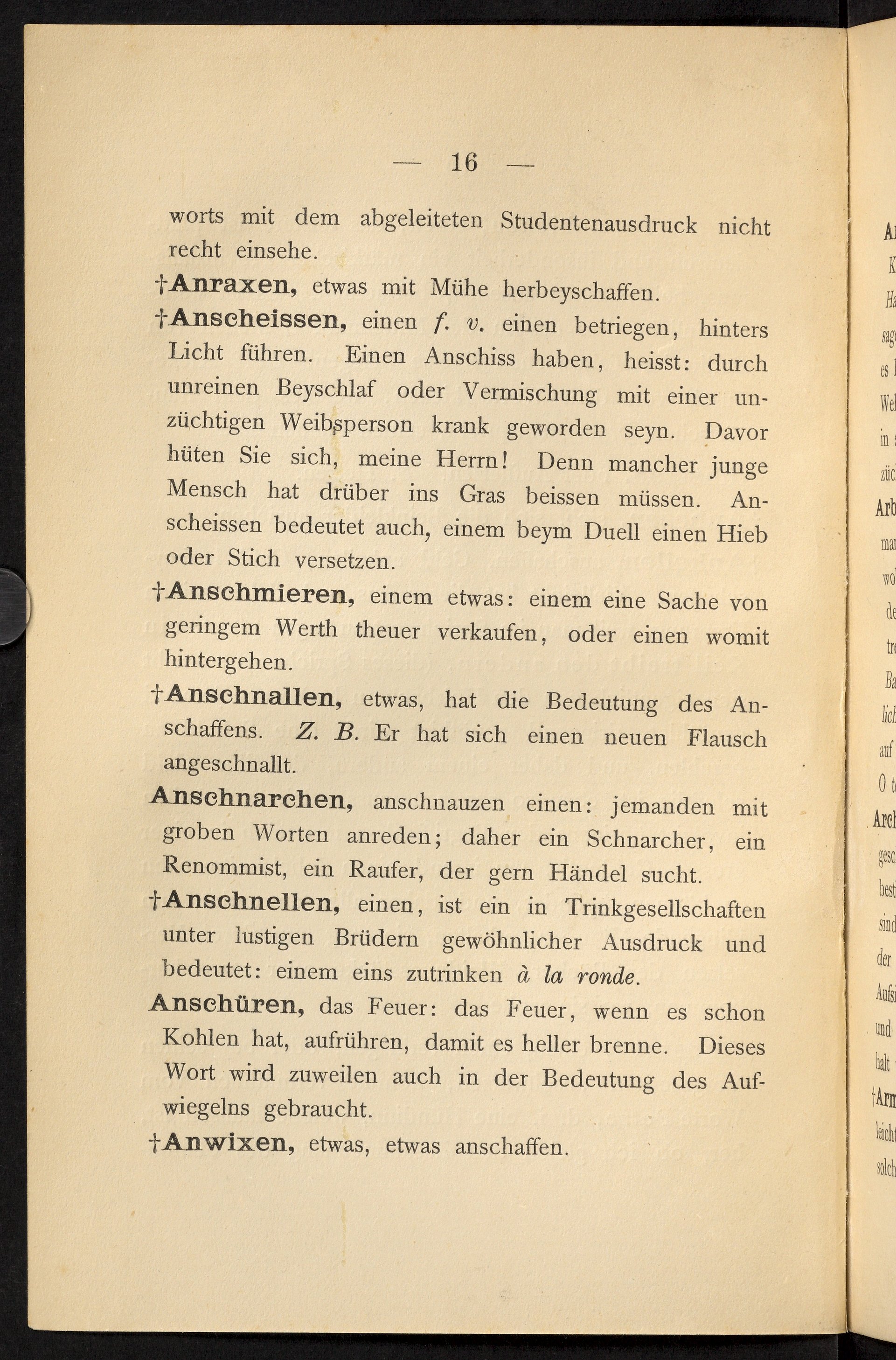 Gedruckter Lexikontext auf altersgelbem Papier, oben Seitenzahl "- 16 -", darunter die Einträge "Anraxen", "anscheissen", "Anschmieren", "Anschnallen", "Anschnarchen", "Anschnellen", "Anschüren" und "Anwixen"