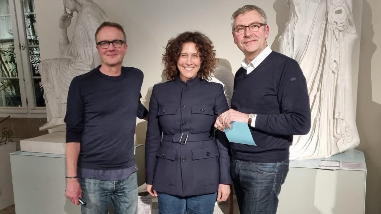 Thorsten Weckherlin (LTT), Nicole Fritz (Kunsthalle) und Ernst Seidl (MUT) am 3. März im Rittersaal (v. li.; Foto T. Schäfer)
