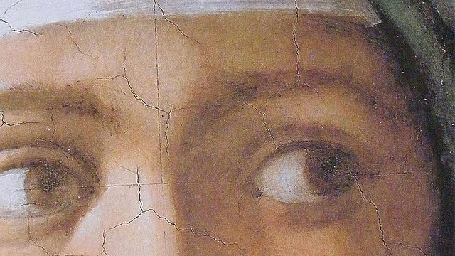 Buchcover mit Portraitfresco der Cassandra, die leidend nach rechts blickt, darunter ein altrosa hinterlegtes Schriftfeld, "Jürgen Wertheimer", "Die Scharfseherin", "Roman", "Claudia Gehrkes Konkursbuchverlag"