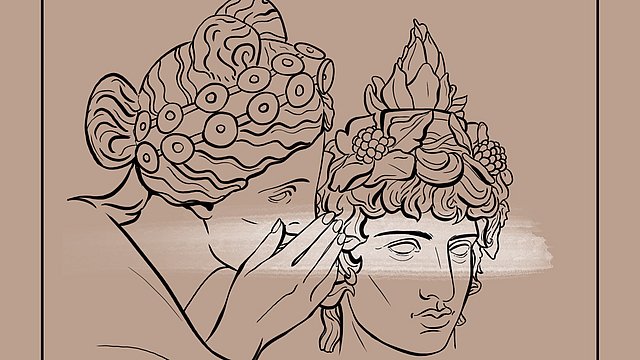 Podcast-Cover „Schlossgeflüster aus Tübingen“ mit zwei antik inspirierten Figuren in Schwarz-Weiß-Linienzeichnung auf rosafarbenem Hintergrund.