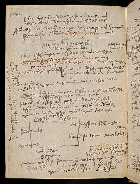 Handschriftlich mit schwarzer Tinte beschriebene Seite, rechts die Falz des Buches mit angedeuteter aufgeschlagener rechter Seite