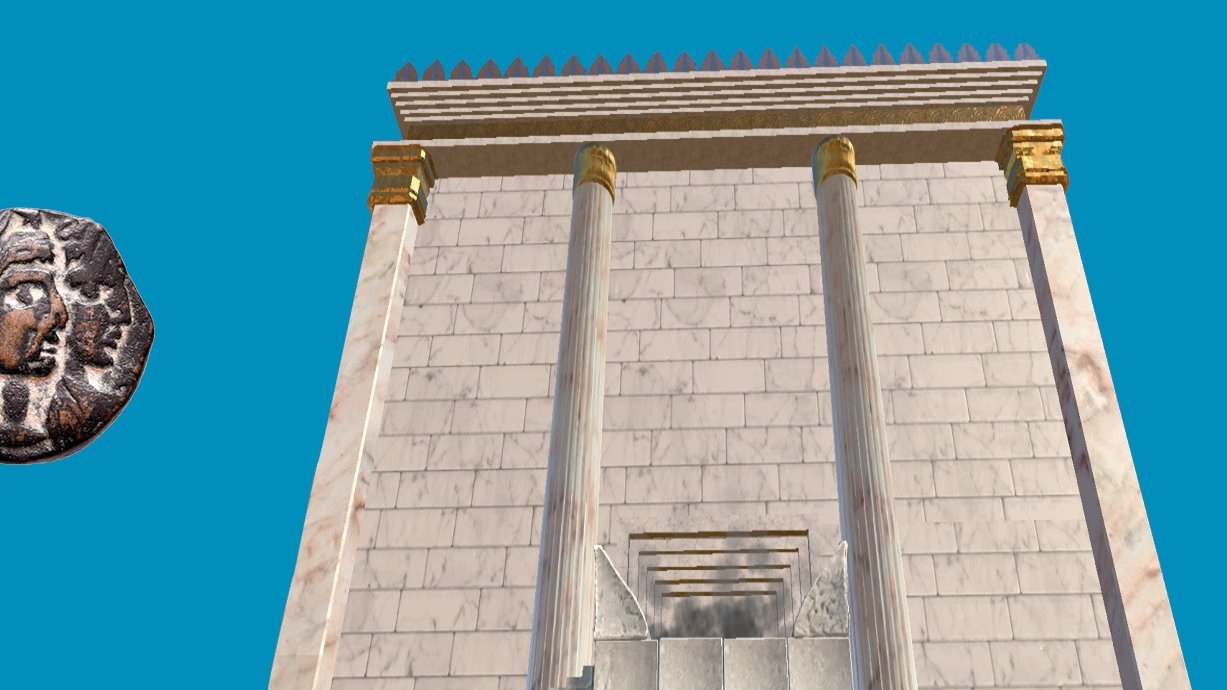 3D render of the temple facade against blue background, with half a coin to the left