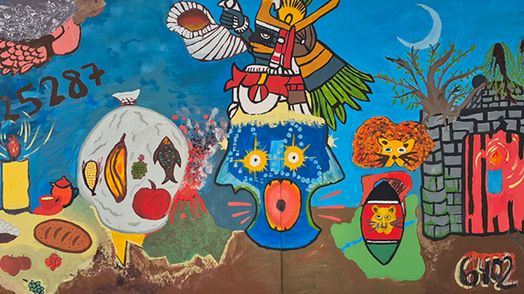 Ausschnitt aus dem farbig gefassten mural mit südamerikanischen Motiven aus dem Rittersaal auf Schloss Hohentübingen