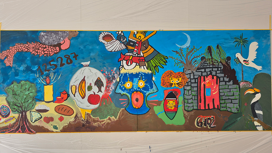 Farbig gefasstes mural mit südamerikanischen Motiven aus dem Rittersaal auf Schloss Hohentübingen