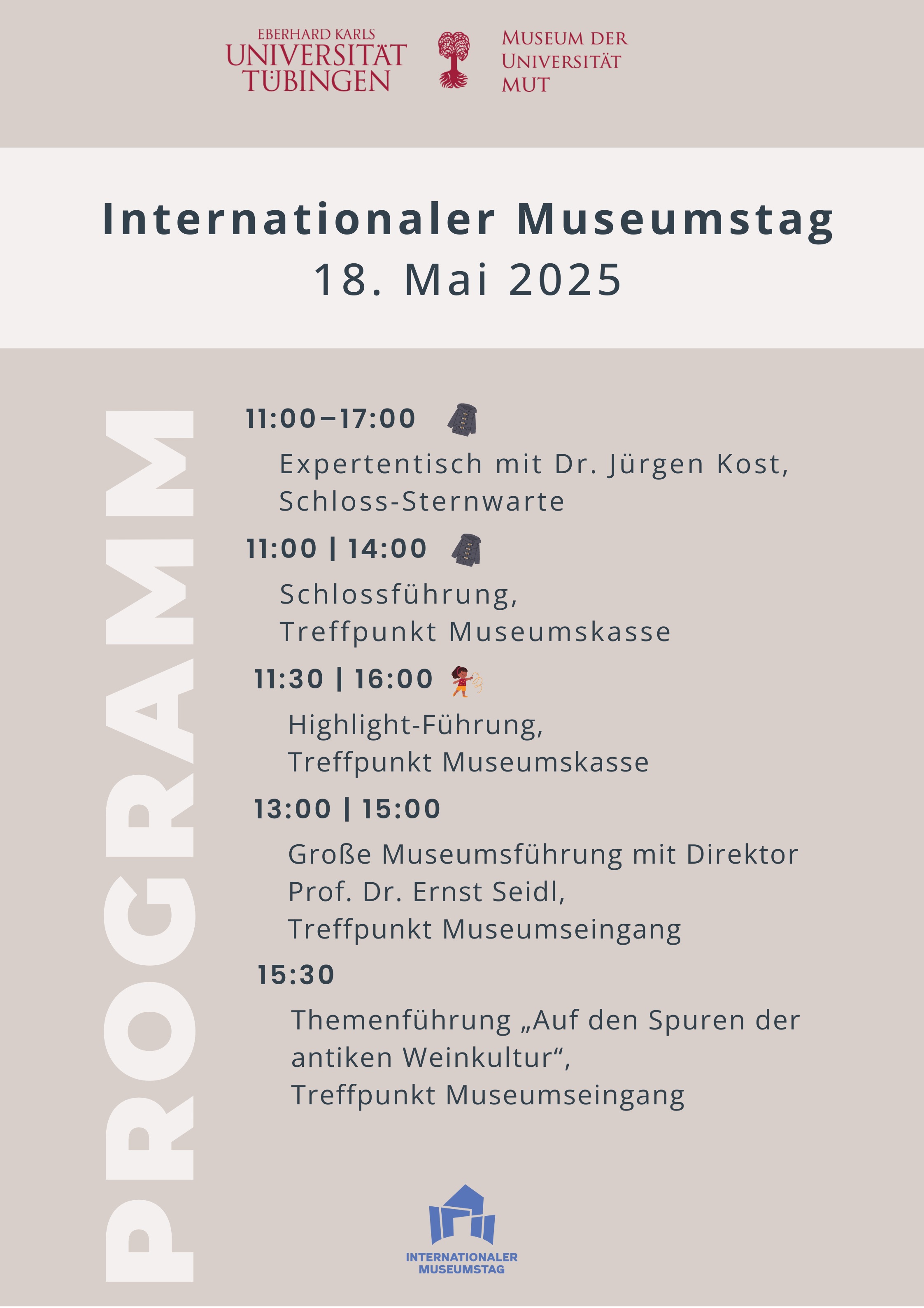 Plakat mit dem Logo des MUT sowie Logo und Programm des Internationalen Museumstags am 18. Mai 2025, wie im Text beschrieben