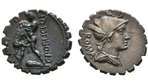 Foto: Stefan Krmnicek, Univ. Tübingen Das Bild zeigt die Vorder- und Rückseite eines Denars mit Abilldung des Gaius Publicius.