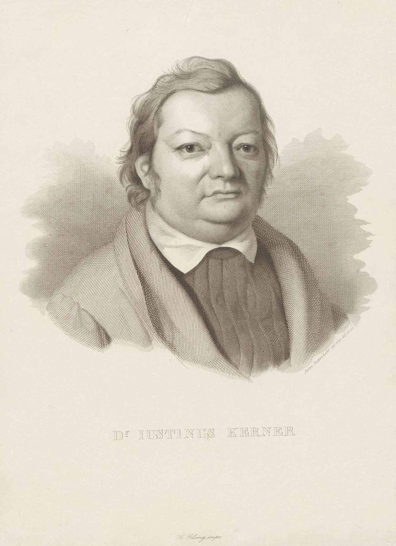 Kupferstich mit Portraitbüste eines Mannes mit Pullover und Hemdkragen und zur linken Seite gekämmten Haaren, darunter die Unterschrift "Dr. Justinus Kerner"