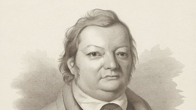 Kupferstich mit Portraitbüste eines Mannes mit Pullover und Hemdkragen und zur linken Seite gekämmten Haaren, darunter die Unterschrift "Dr. Justinus Kerner"