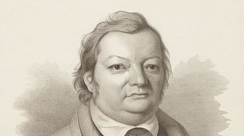 Kupferstich mit Portraitbüste eines Mannes mit Pullover und Hemdkragen und zur linken Seite gekämmten Haaren, darunter die Unterschrift "Dr. Justinus Kerner"