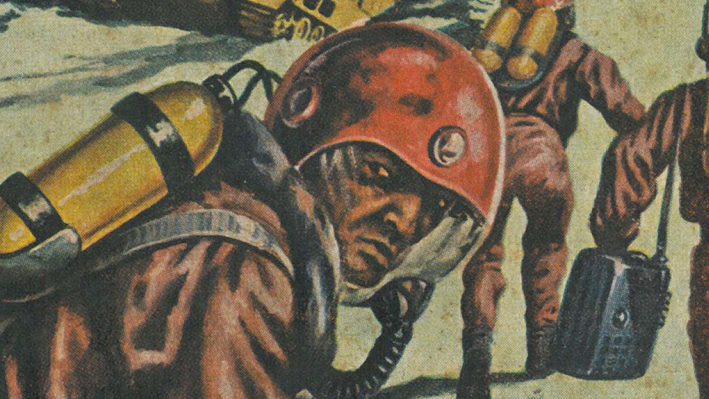 Foto: MUT Titelblatt eines Hefts mit einer Zeichnung dreier bewaffneter Raumfahrer in einem Sci-Fi-Setting, die auf einer mondähnlichen Oberfläche vom Betrachtenden weglaufen; der Titel steht oben links "Perry Rhodan/der Erbe des Universums"