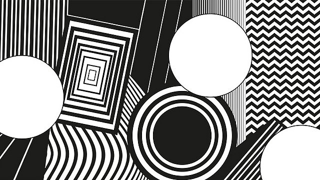 Langgestrecktes, schwarz-weißes Design aus Linien, Flächen und Kreisen mit Aussparung für das Fenster des Uni-Pavillons