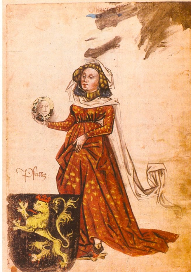Mittelalterliche Illustration einer stehenden Frau in einem langen, rot-gold gemusterten Kleid mit weitem Ärmel und weißem Schleier auf dem Kopf. Sie hält in ihrer rechten Hand einen runden Spiegel, in dem das Gesicht eines Mannes zu sehen ist. Vor ihr ist ein Wappen mit einem goldenen Löwen auf schwarzem Grund abgebildet. Der Hintergrund ist schlicht gehalten.