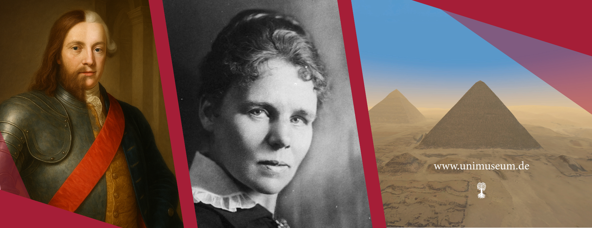 Drei Bilder von Online-Ausstellungsplakaten, getrennt von schrägen, burgunderfarbenen Elementen (vlnr) eine KI-Verschmelzung von Eberhard im Bart und Karl Eugen, ein Schwarz-weiß-Portrait von Elisabeth Krämer-Bannow und eine 3D-gerenderte Darstellung einer Pyramide mit dem Universitätslogo in Weiß darunter