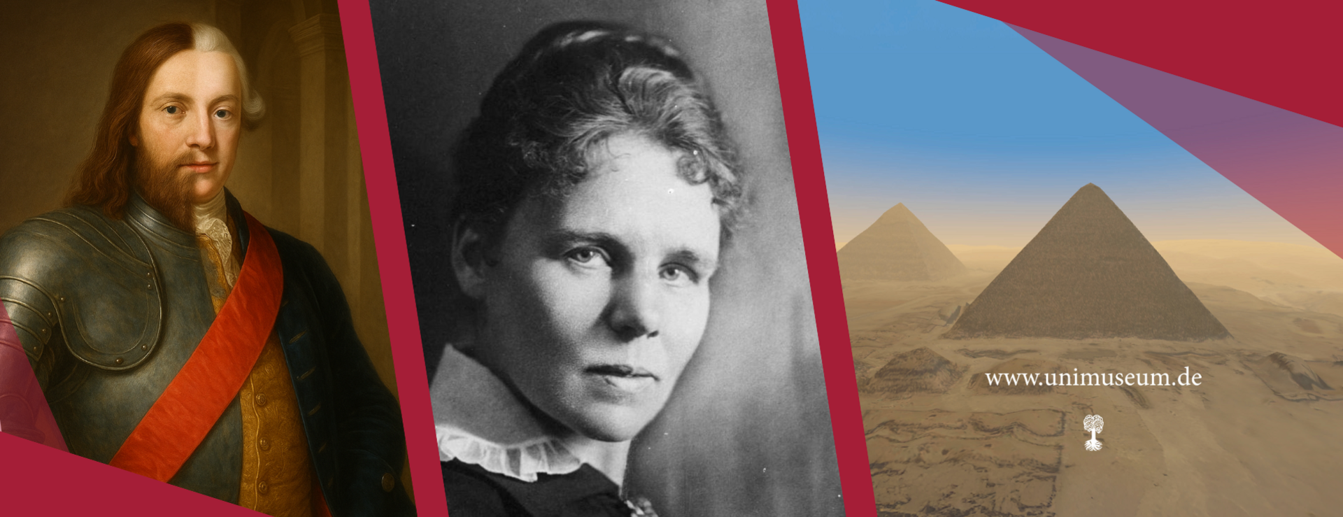 Three illustrations from online exhibition posters, divided by burgundy slashes (from left to right:) a KI generated blur of Eberhard im Bart and Karl Eugen, a black-and-white-portrait of Elisabeth Krämer-Bannow and a 3D-rendered pyramid with the logo of the university in white beneath