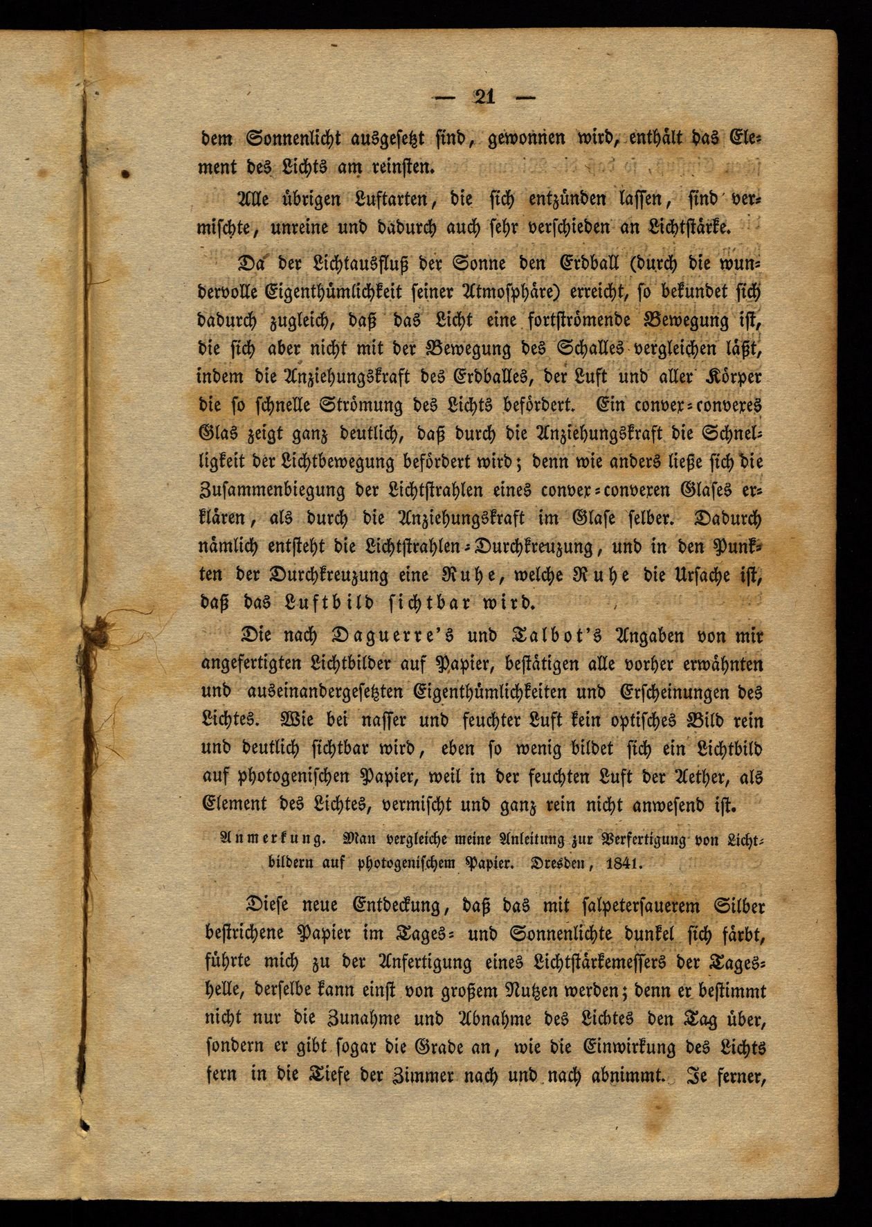 Textseite aus Versuch, die Natur des Lichtes aus seinen Erscheinungen zu erklären / Johann Carl Enslen. Dresden, 1841.