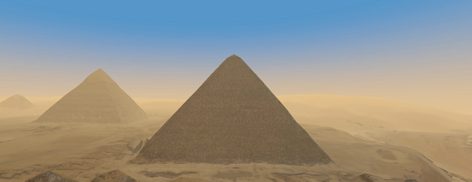 BBlauer Hintergrund, der im unteren Drittel in den Horizont übergeht, vor dem sich die Pyramiden von Gizeh erheben.