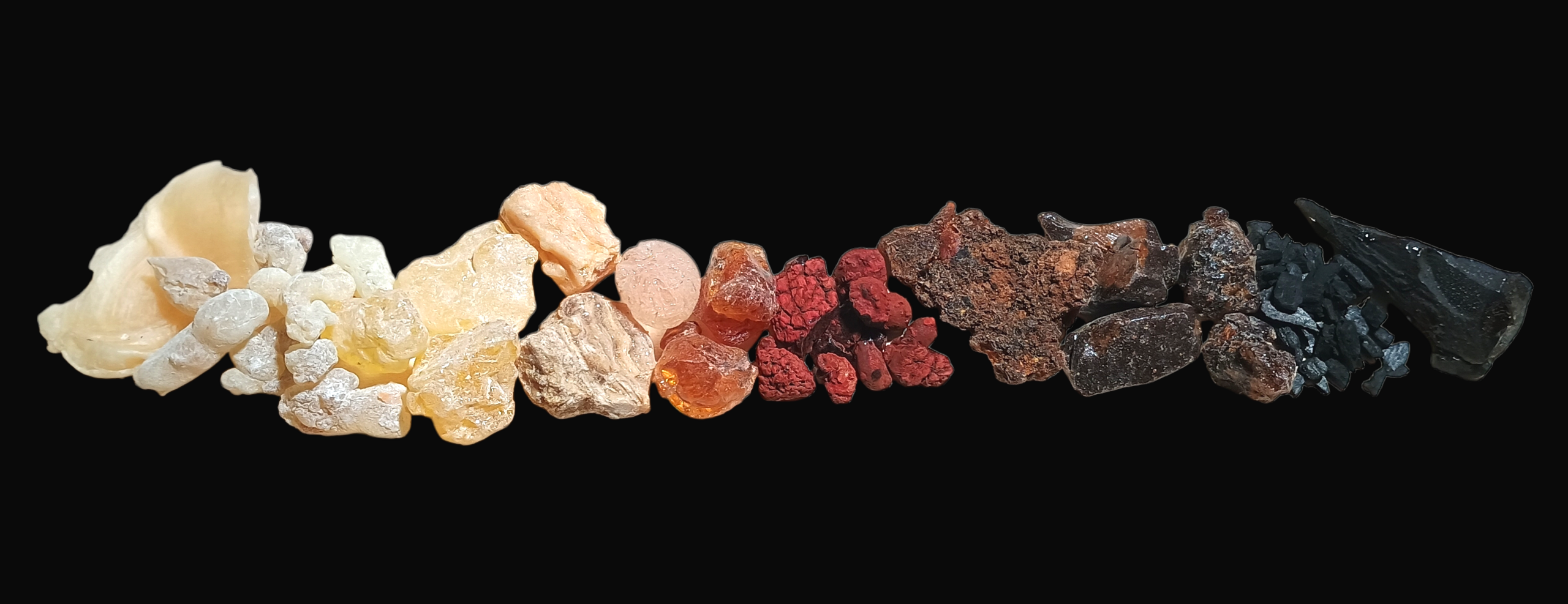 Verfestigte Brocken von Harzen und Gummen, farblich sortiert von gelblich über rot zu braun und schwarz vor schwarzem Hintergrund