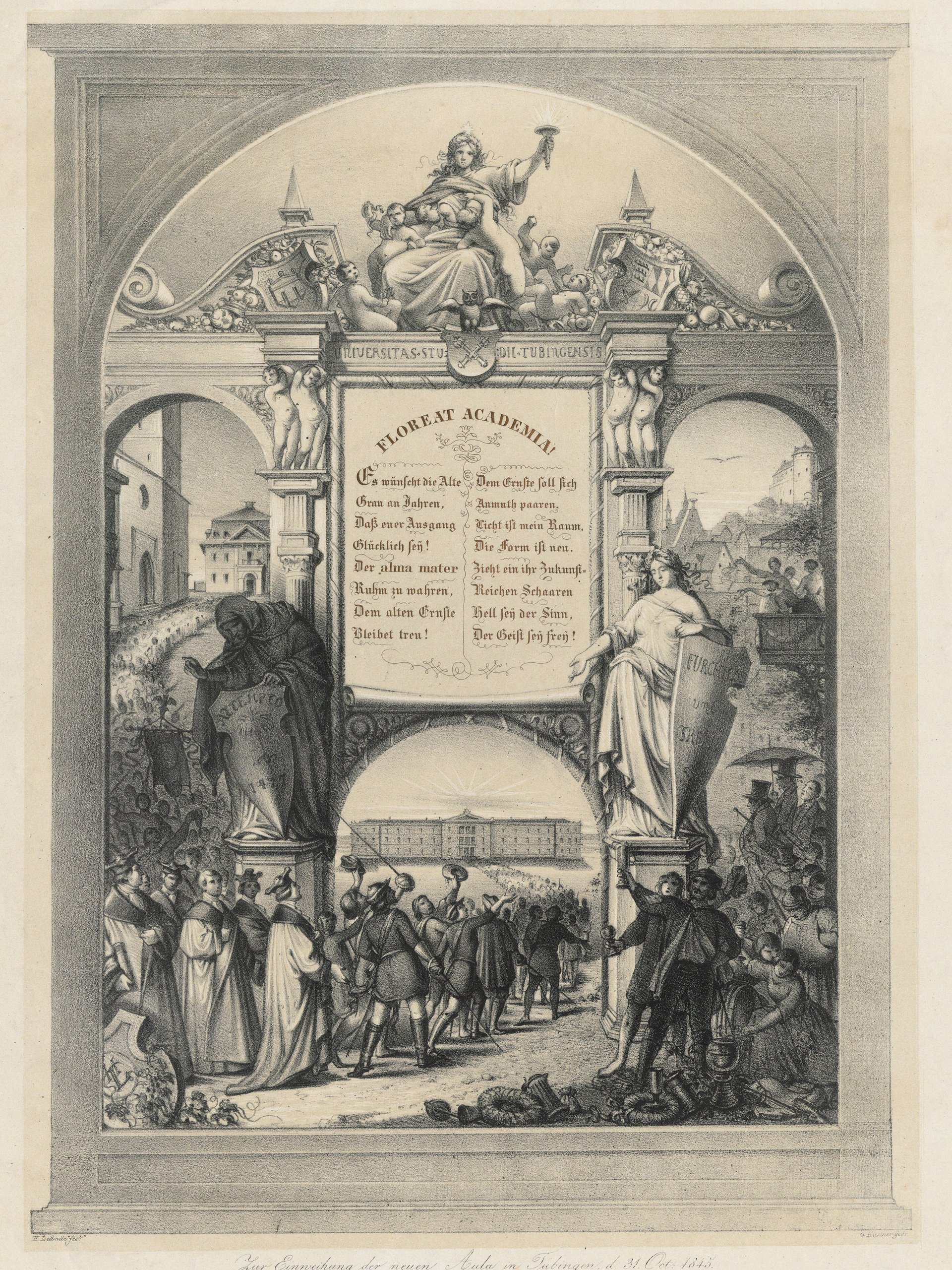 Ein historisch anmutender Kupferstich zeigt eine allegorische Darstellung der Wissenschaft und akademischen Bildung. Im Zentrum des Bildes sitzt eine weibliche Figur mit Zepter und Lorbeerkranz auf einem Thron, umgeben von zwei Säulen mit den lateinischen Inschriften „HONORARE“ und „INDUSTRIA“. Zwischen den Säulen ist ein Banner mit der lateinischen Inschrift „FLOREAT ACADEMIA“ (Es blühe die Akademie) sowie einem lateinischen Gedicht. Darunter befinden sich zwei große Statuen – links ein Mann mit Buch (wahrscheinlich ein Philosoph oder Lehrer), rechts eine Frau mit Schild, auf dem „VERITAS“ (Wahrheit) steht. Um sie herum sind Gruppen von Menschen in historischen Gewändern versammelt: links Mönche und Gelehrte, rechts Soldaten und Studenten. Im Hintergrund sind Gebäude im Stil einer Universitätsstadt und eine hügelige Landschaft zu sehen. Die Komposition erinnert an ein Ehrenbild akademischer Traditionen.