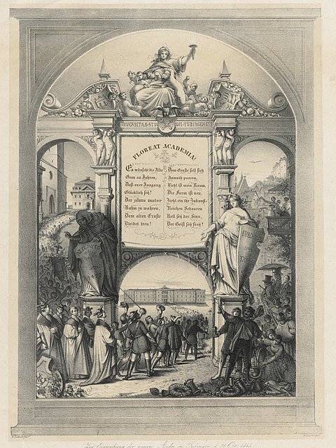 Ein historisch anmutender Kupferstich zeigt eine allegorische Darstellung der Wissenschaft und akademischen Bildung. Im Zentrum des Bildes sitzt eine weibliche Figur mit Zepter und Lorbeerkranz auf einem Thron, umgeben von zwei Säulen mit den lateinischen Inschriften „HONORARE“ und „INDUSTRIA“. Zwischen den Säulen ist ein Banner mit der lateinischen Inschrift „FLOREAT ACADEMIA“ (Es blühe die Akademie) sowie einem lateinischen Gedicht. Darunter befinden sich zwei große Statuen – links ein Mann mit Buch (wahrscheinlich ein Philosoph oder Lehrer), rechts eine Frau mit Schild, auf dem „VERITAS“ (Wahrheit) steht. Um sie herum sind Gruppen von Menschen in historischen Gewändern versammelt: links Mönche und Gelehrte, rechts Soldaten und Studenten. Im Hintergrund sind Gebäude im Stil einer Universitätsstadt und eine hügelige Landschaft zu sehen. Die Komposition erinnert an ein Ehrenbild akademischer Traditionen.