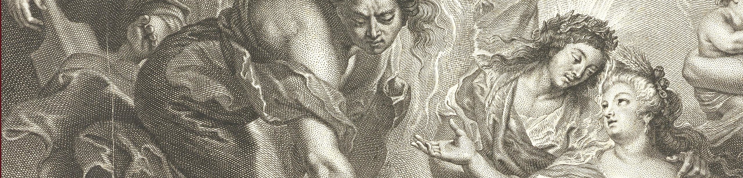 Ausschnitt aus einem Stich mit dem Motiv des Medici-Zyklus-Gemäldes "La Paix confirmée dans le Ciel" mit Maria de' Medici, nach links gewandt und mit ausgestreckter, nach oben gewandter Hand