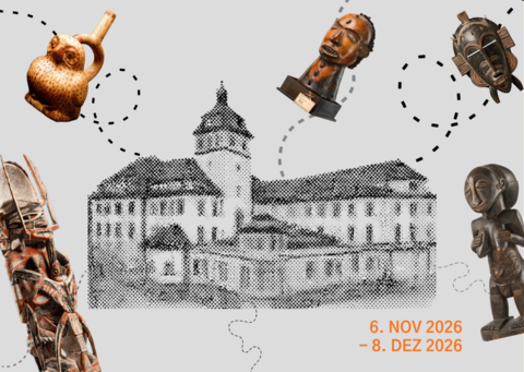 Rasterartig stilisierte Schwarz-weiss-Ansicht des Lindenmuseums in Stuttgart mit darum herum 'fliegenden' kolonialzeitlichen Exponaten; unten rechts steht die Ausstellungslaufzeit "6. Nov. 2026 – 8.Dez.2026"