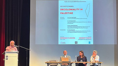 Keynote Panel “Decoloniality in Palestine: Law and Narrative Sovereignity” (presenting the speaker: Dr. Nawal Mustafa; from left to right: Prof Mitri Raheb, Dr Marieke de Hoon, Prof Alette Smeulers)
