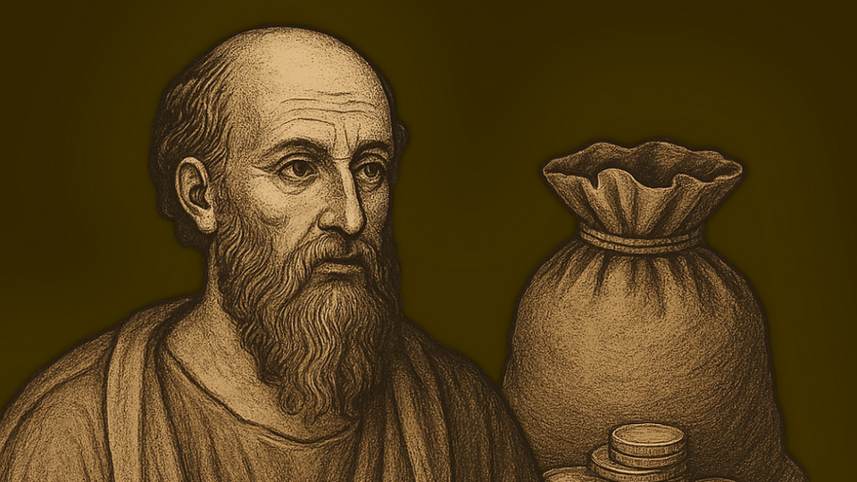 Illustration von Apostel Paulus, in Büstenansicht nach rechts gewandt, und rechts einem Sack mit Münzen davor, in einem sepiafarbenem, straffierten Zeichenstil.