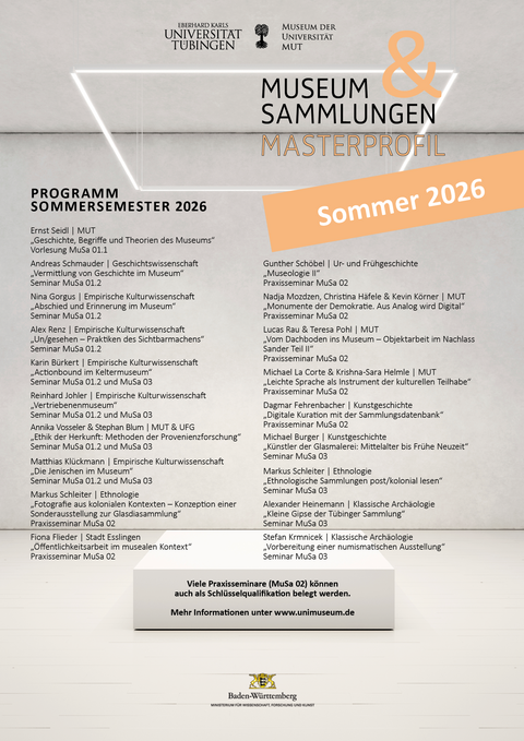 Plakat mit dem Lehrprogramm der Masterprofillinie "Museum&Sammlungen" für das Sommersemester 2026.