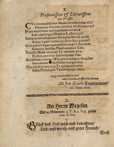 Angegilbtes Blatt einer Druckschrift aus dem 17. Jahrhundert mit abwechselnd nicht- und eingerückten Versen, im unteren Drittel einem Trennstrich und einer weiteren Überschrift