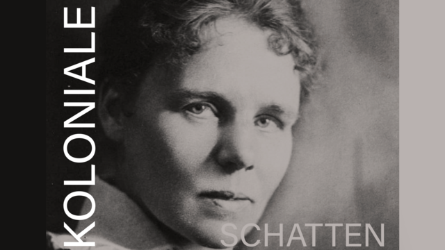 Black-and-white portrait of Elisabeth Krämer-Bannow with the lettering "Koloniale" (colonial) and "Schatten" (shadows)