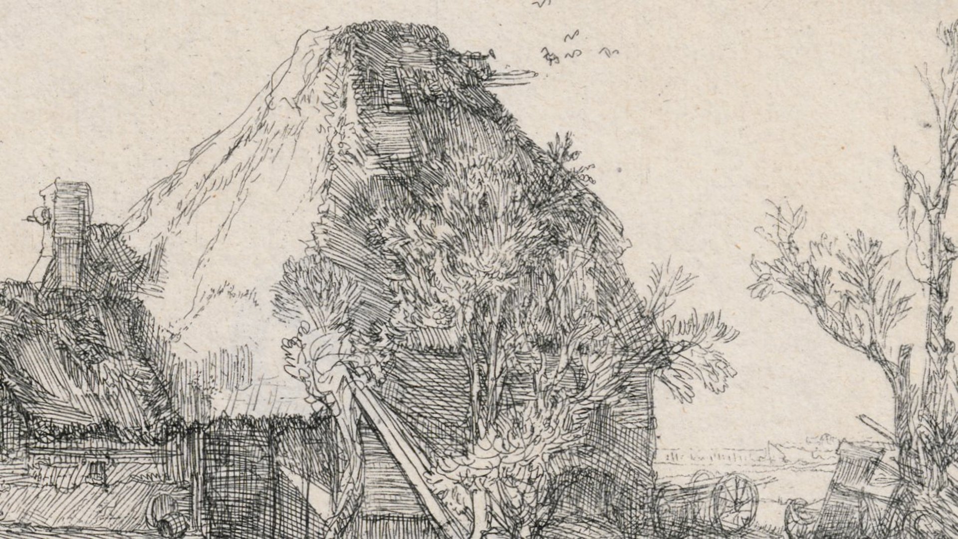 Rembrandt Harmensz van Rijn landscape with farm and artist, 1646 etching