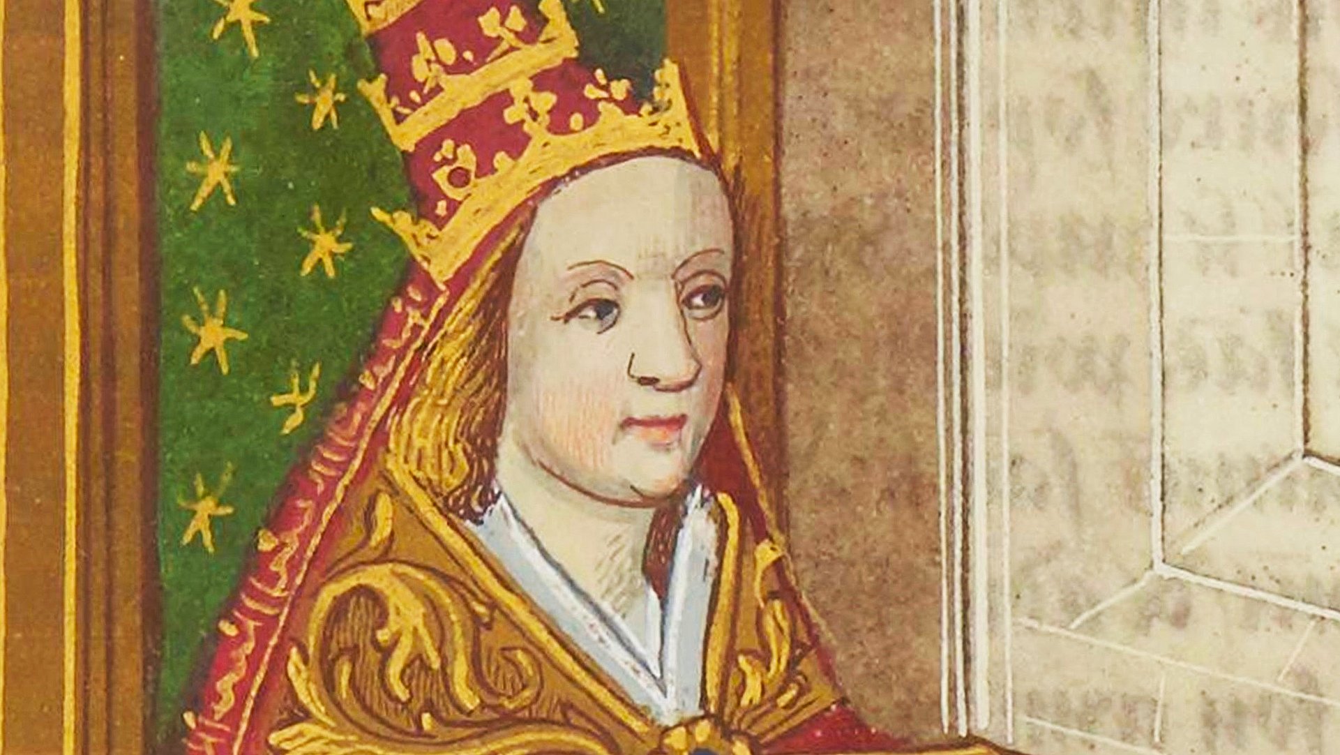Abbildung: Bibliothèque nationale de France, Français 599, Bl. 88r, https://gallica.bnf.fr/ark:/12148/btv1b10515437z/f179.item.zoom Mittelalterliche Illumination mit nach rechts gewandter Päpstin Johanna, auf einem Thronmit grünem Polster sitzend und die rechte Hand im Segensgestus erhoben