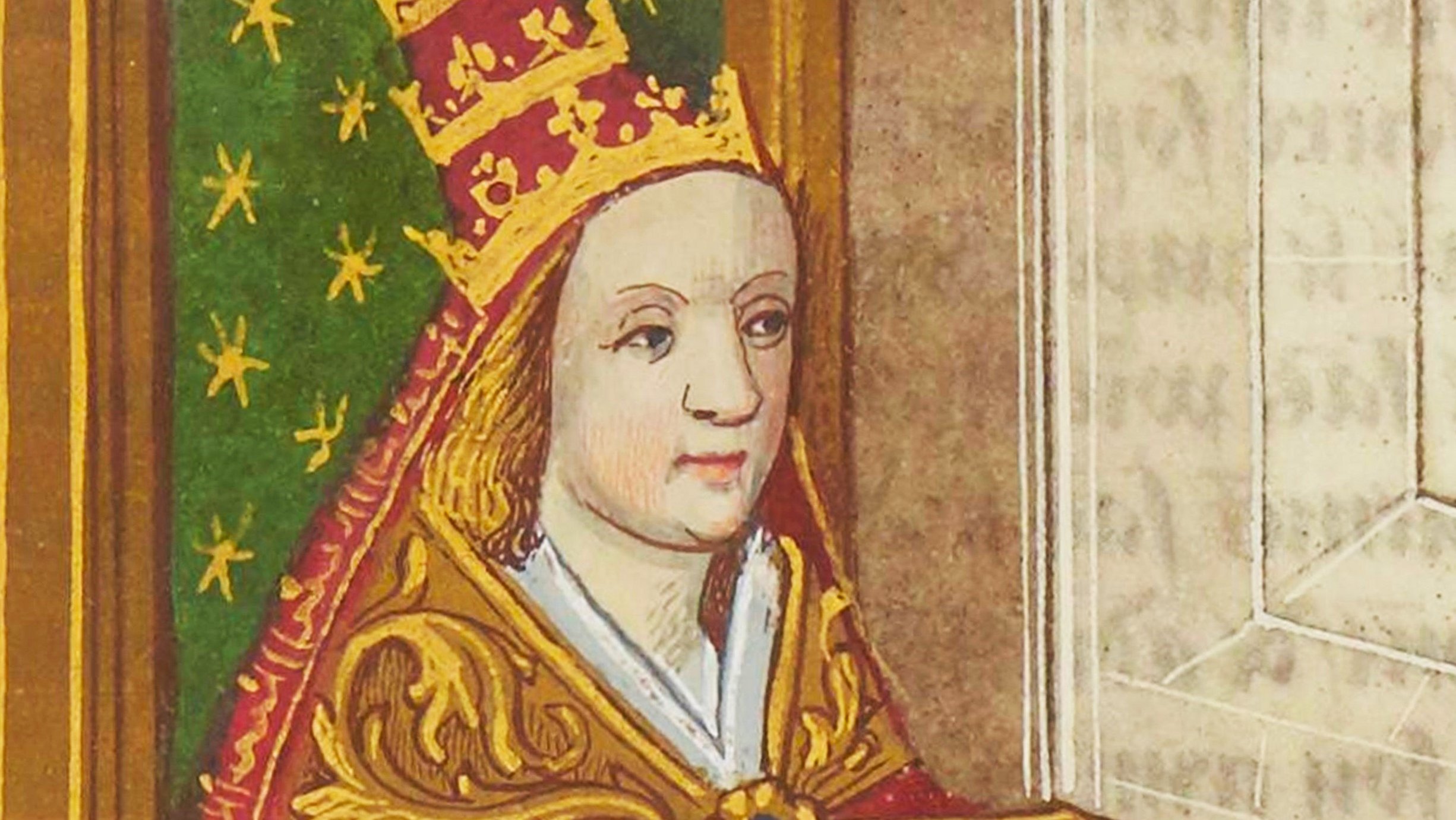 Mittelalterliche Illumination mit nach rechts gewandter Päpstin Johanna, auf einem Thronmit grünem Polster sitzend und die rechte Hand im Segensgestus erhoben