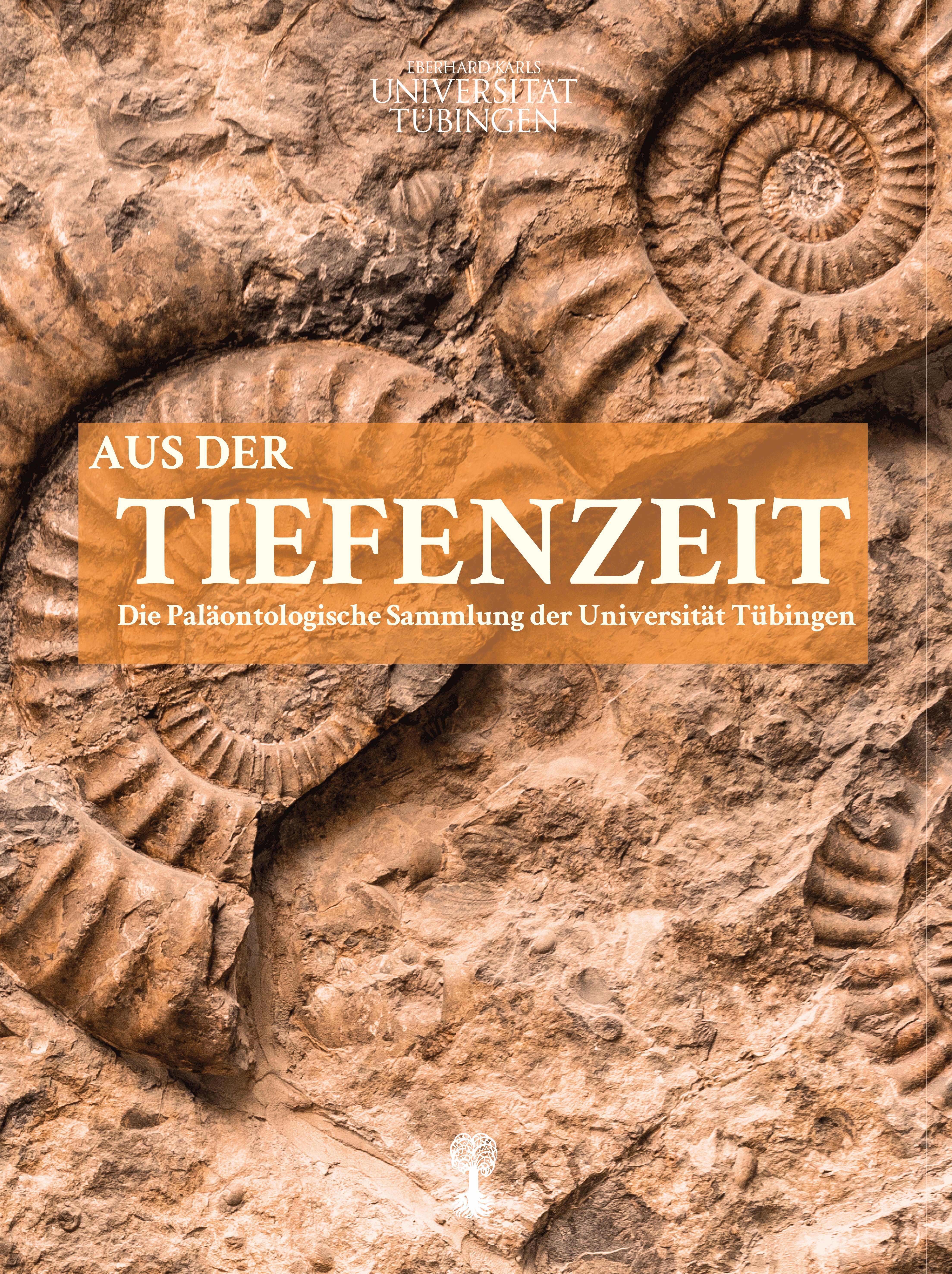 Cover "Aus der Tiefenzeit. Die Paläontologische Sammlung der Universität Tübingen" against an ammonite fossil