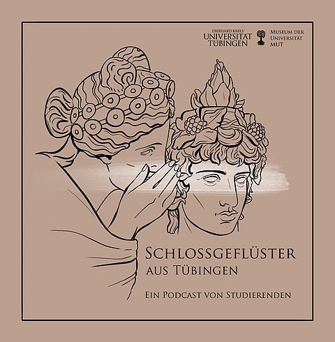 Podcast-Cover „Schlossgeflüster aus Tübingen“ mit zwei antik inspirierten Figuren in Schwarz-Weiß-Linienzeichnung auf rosafarbenem Hintergrund.