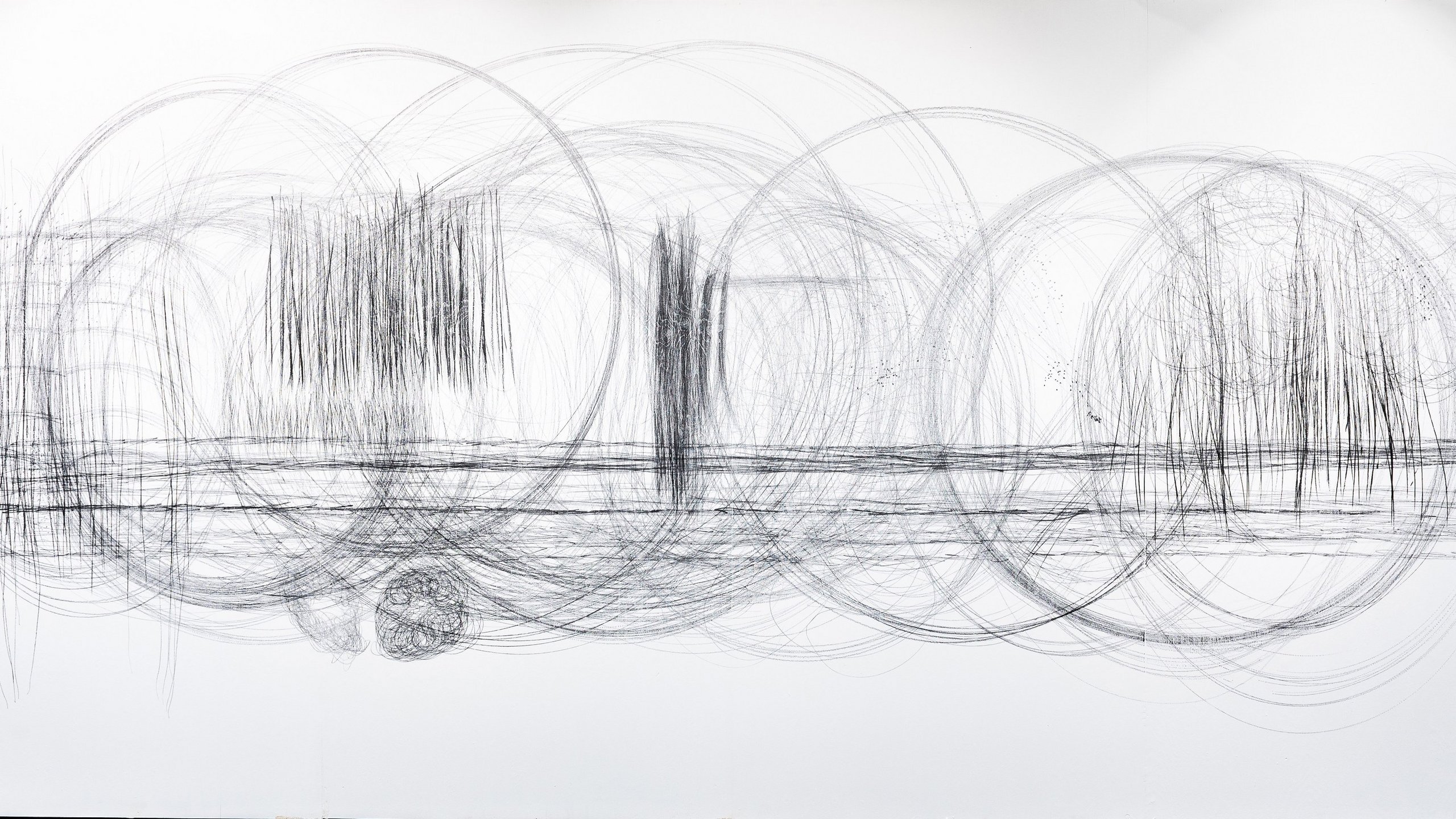 Art: Morgan O'Hara Abstract graphite drawing with outer circular and inner straight lines