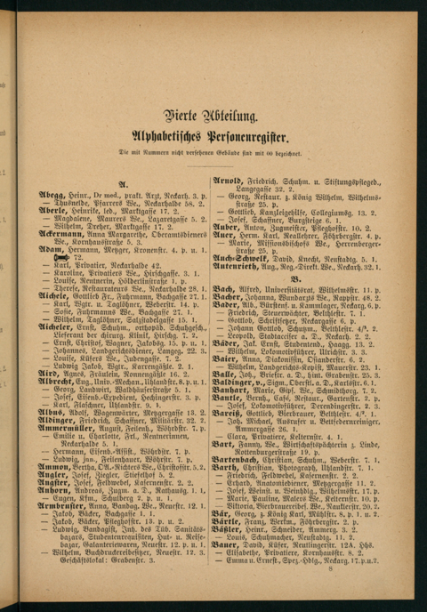 Gelblich verfärbte Seite eines historischen Adressbuches mit zweispaltigen Einträgen in Druckschrift