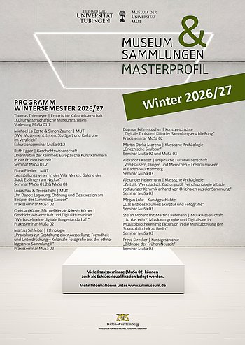 Plakat für Veranstaltungen der Masterprofillinie "Museum&Sammlungen" für das Wintersemester 2026/2027 im weiß-grauen Design mit dunkelgrünen Akzenten