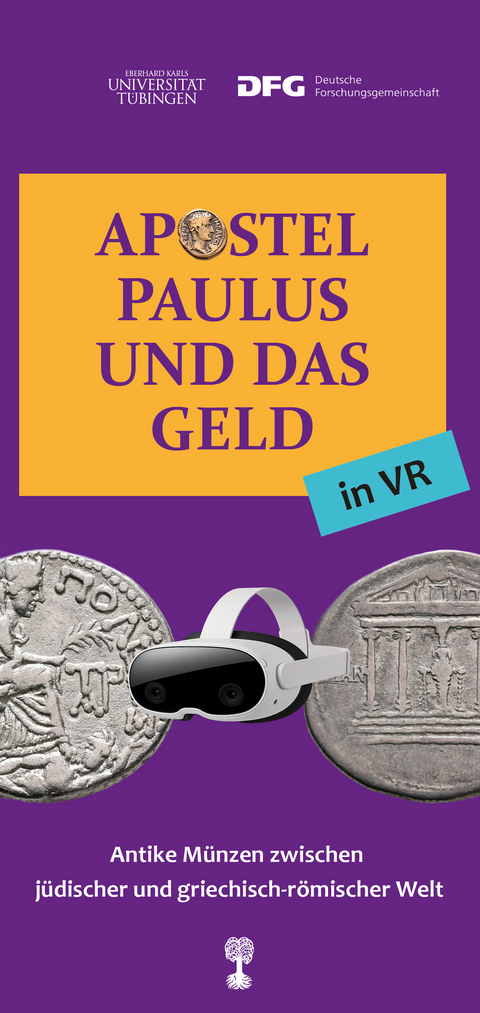 Titelseite des Folders zur VR-Ausstellung "Apostel Paulus und das Geld" mit dem Titel auf goldgelbem Grund und auf einem blauen Streifen der Zusatz "in VR", darunter Münzen und das Bild einer VR-Brille