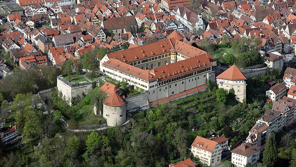 Aereal view of Hohentübingen Castle with greenery over the Castle Hill and the red roofs of Tübingen in the background