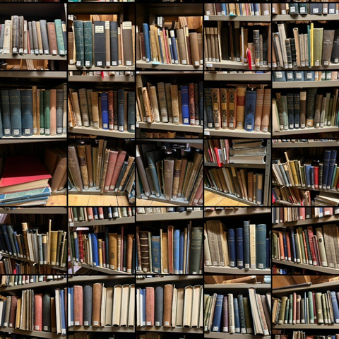 Photo excerpts arranged in square tiles, full of bookshelves with old bindings