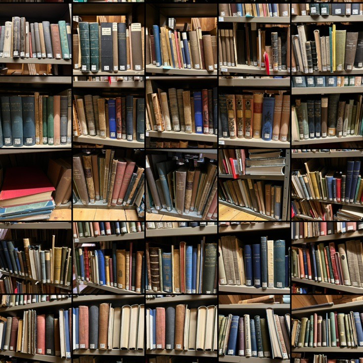 Aus Kacheln zusammengesetzte Galerie von Abschnitten eines vollen Bücherregals mit alten Bänden