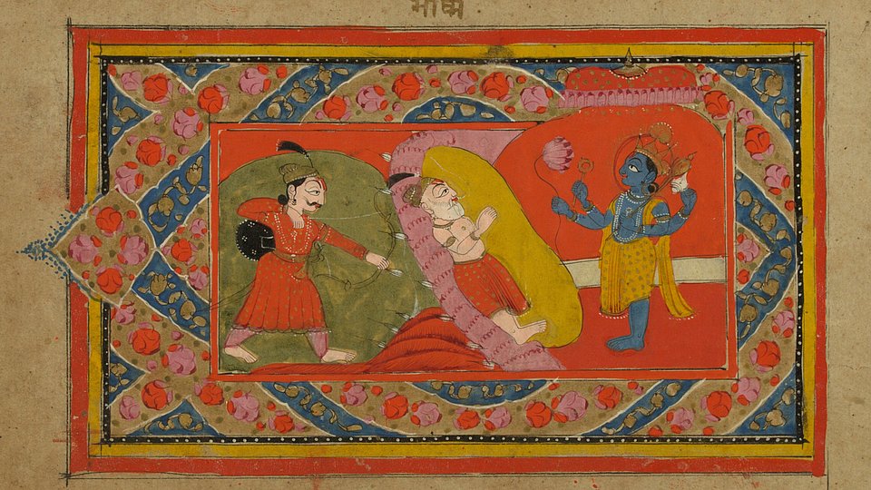 Bhīshma und Arjuna vor Krishna/Vishnu