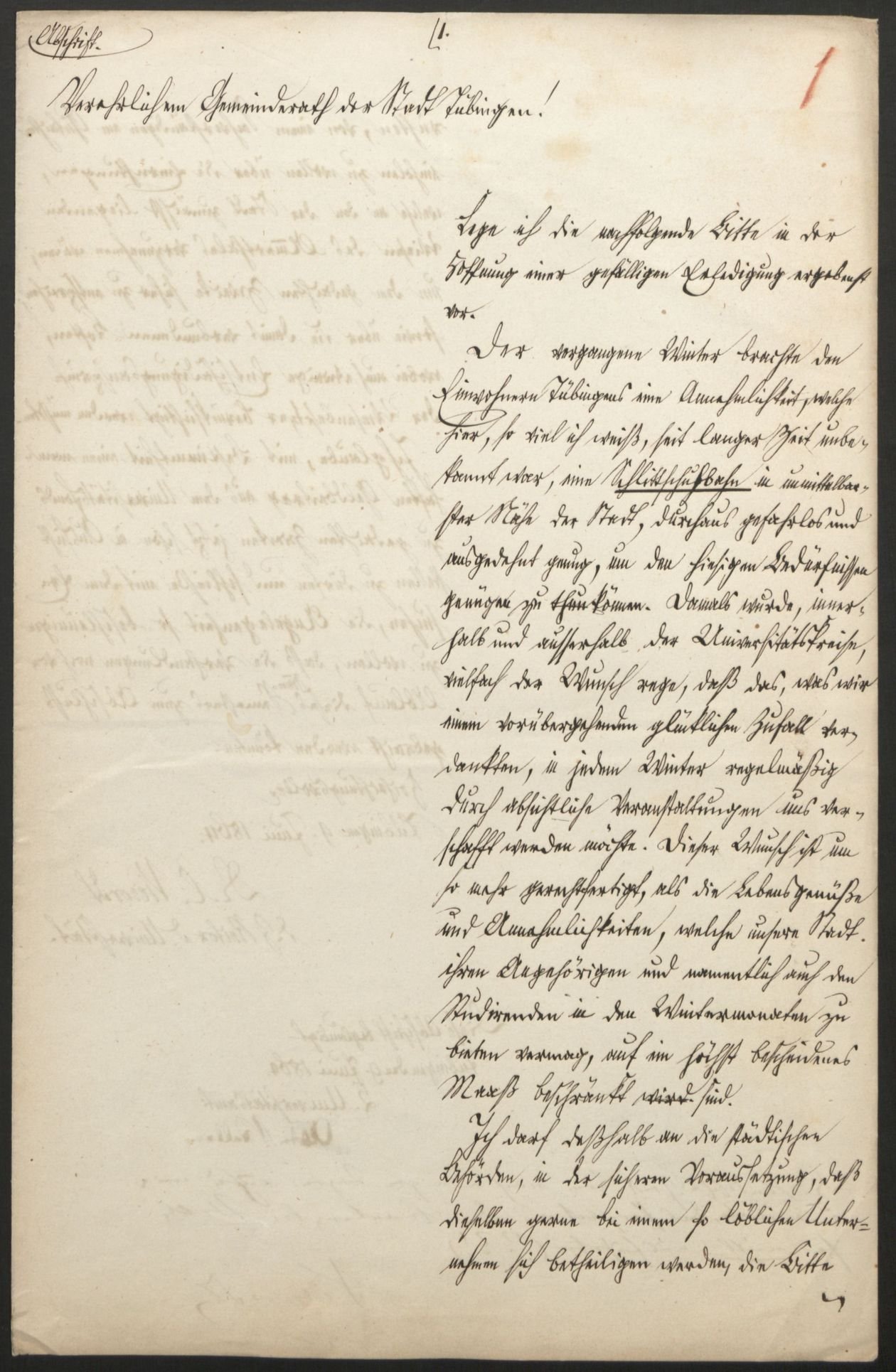 Schreiben von Universitätsrektor Professor Carl Vierordt an den Gemeinderat der Stadt Tübingen vom 9. Juni 1864